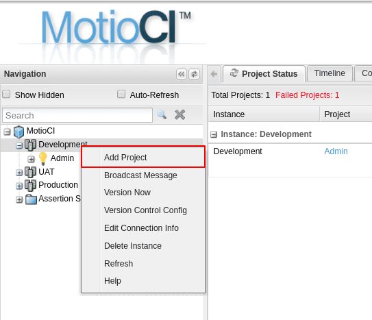 create a new project in MotioCI