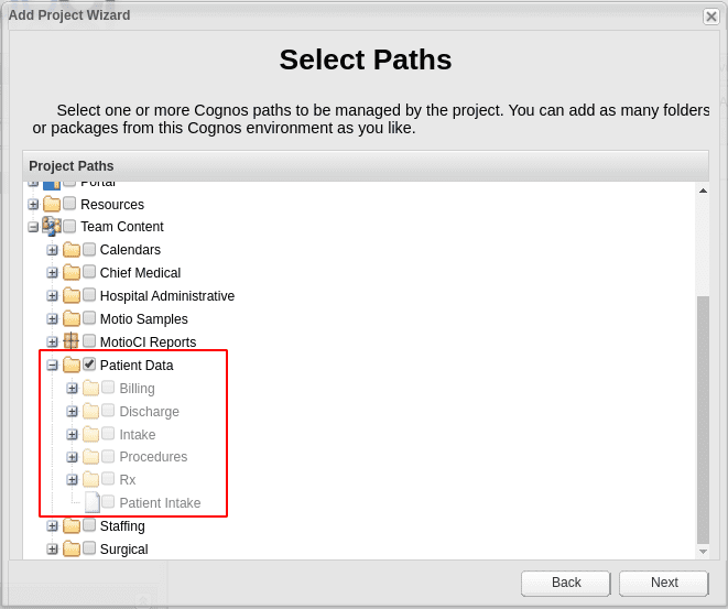 selecting paths from Cognos environment in MotioCI