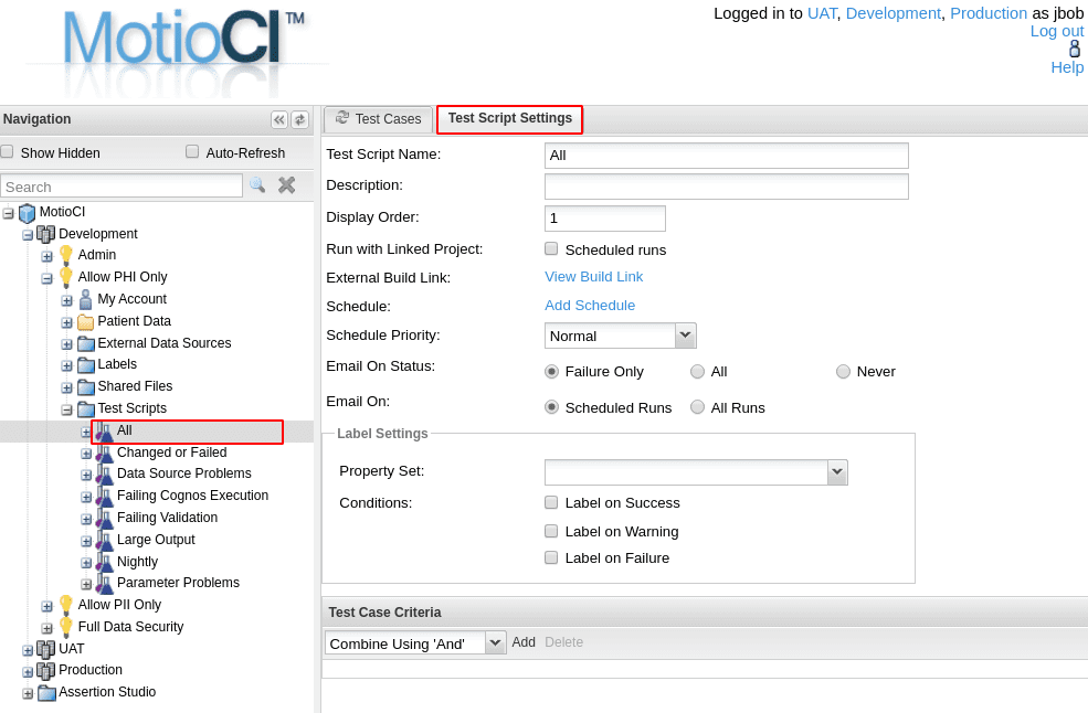 MotioCI test script settings tab